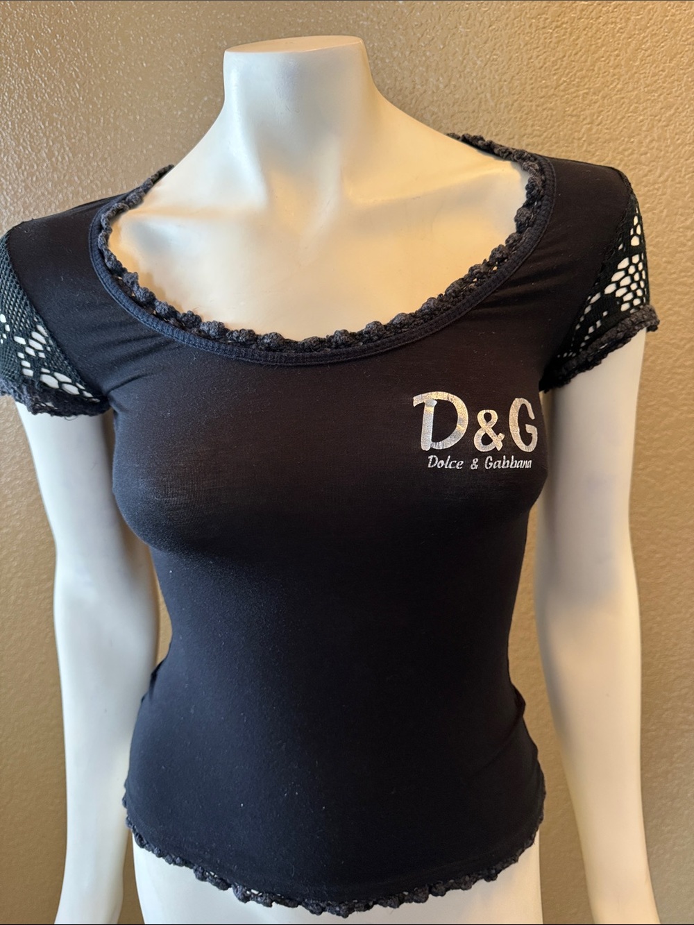 Dolce & Gabbana Black Short Sleeve Scoop Neck Tee with Crochet Trim